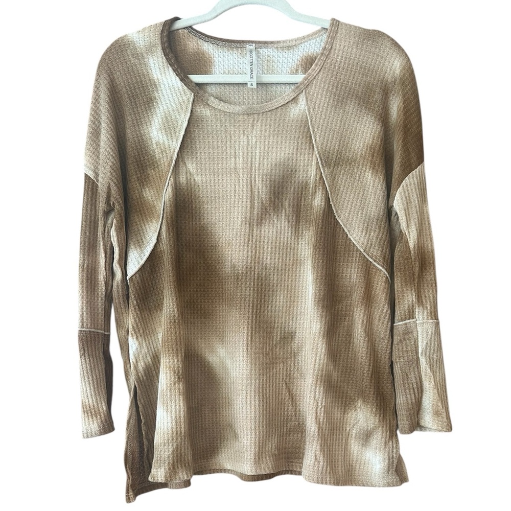 Forgotten Grace Tie Dyed Waffle Knit Long Sleeve Top Brown Tan and Cream Size S